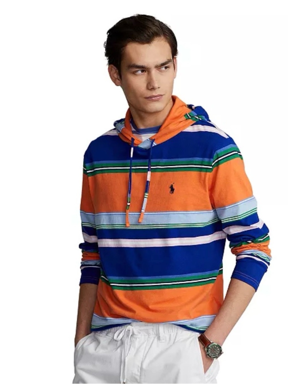 Polo Ralph Lauren Striped Jersey Hooded T-shirt Y2K Preppy Sporty Streetwear XL